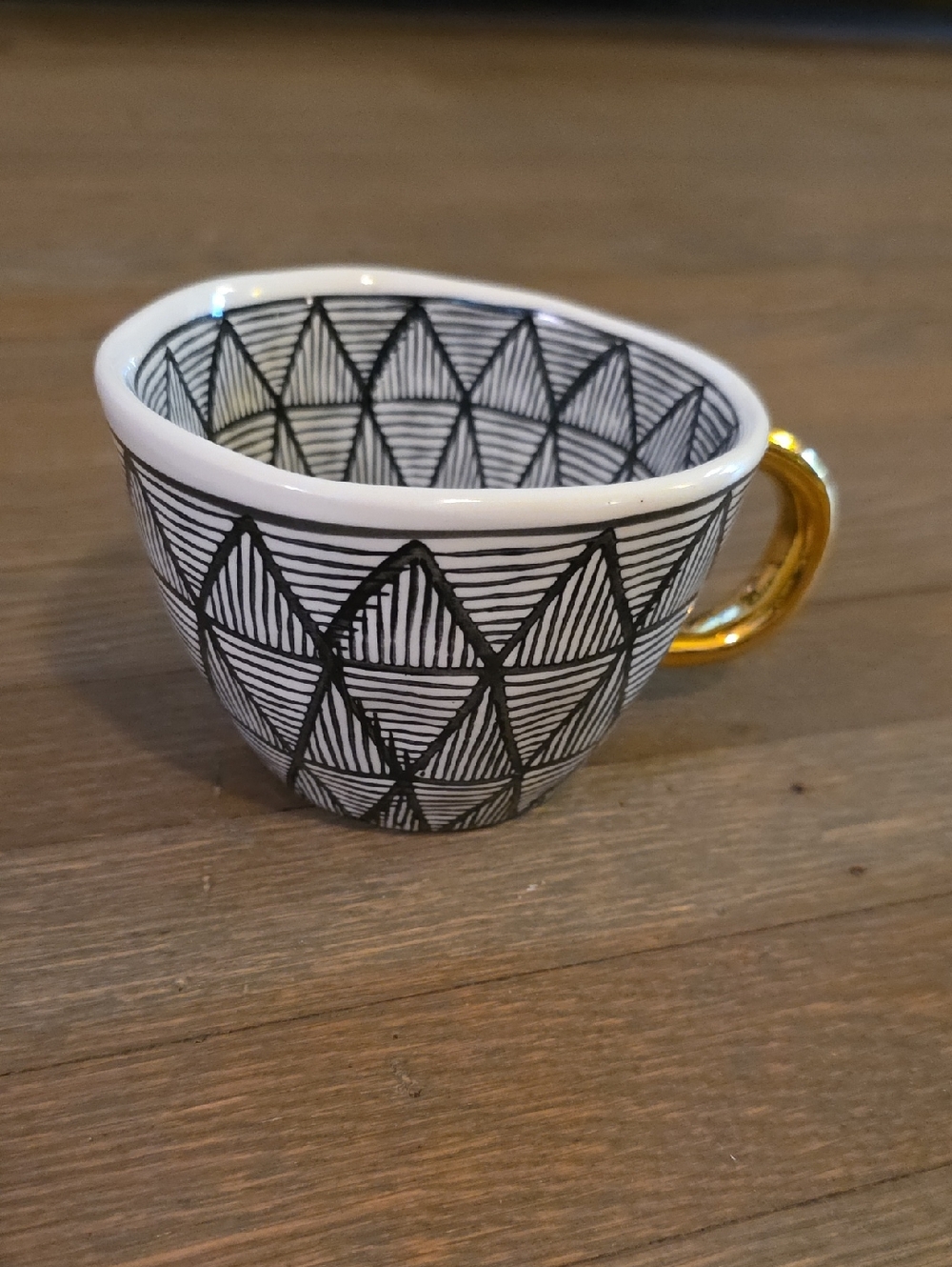 The Old Pottery Co: Black & White Geometric Ceramic Mug with Gold Handle Accent